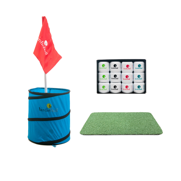 The BirdieBall Original Backyard Golf Game features a blue collapsible target with red flag, a box of white BirdieBall golf balls, and a rectangular green practice mat.