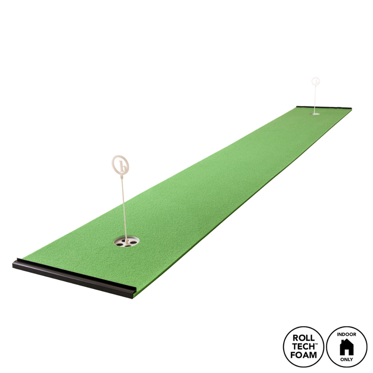 The BirdieBall 2' x 10' Standard Putting Mat Package – Indoor RollTech™ Putting Green features two holes, white flags, and "ROLL TECH FOAM" and "INDOOR ONLY" icons, designed for optimal home putting practice.