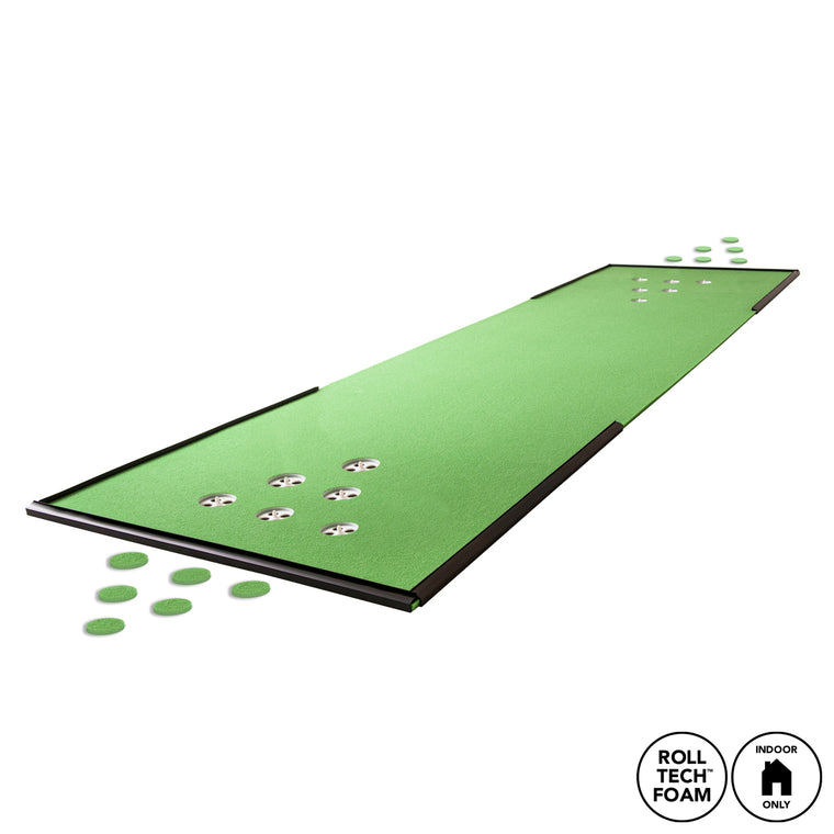 The BirdieBall BirdiePong Putting Mat combines putting and beer pong for indoor fun. Rectangular with multiple holes and markers, it features "Roll Tech Foam" and "Indoor Only" icons—perfect for at-home golf beer pong games. Available in 4 sizes.
