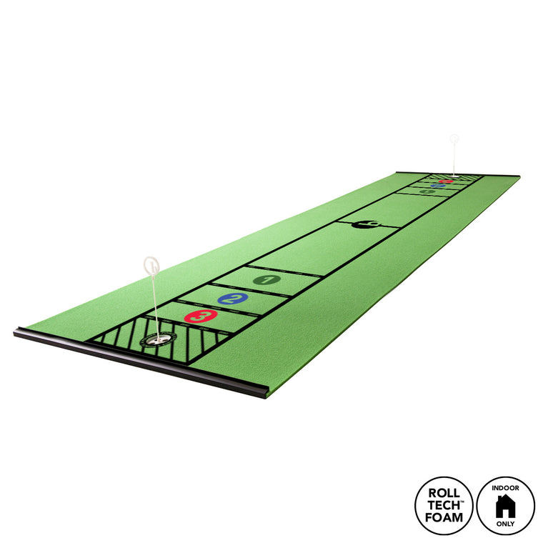 The BirdieBall Shuffle Golf - ShufflePutt! indoor mat (4 sizes) features numbered targets, two flags, "Roll Tech Foam," and "Indoor Only" icons—ideal for a fun shuffleboard putting game at home.