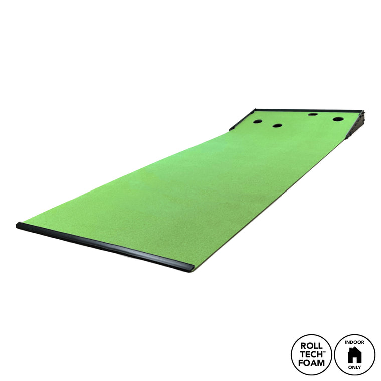The BirdieBall PuttUp® Ramp + Putting Mat features a rectangular green surface for indoor putting, has three holes at one end, black border, and "Roll Tech Foam" and "Indoor Only" labels in the bottom right corner.