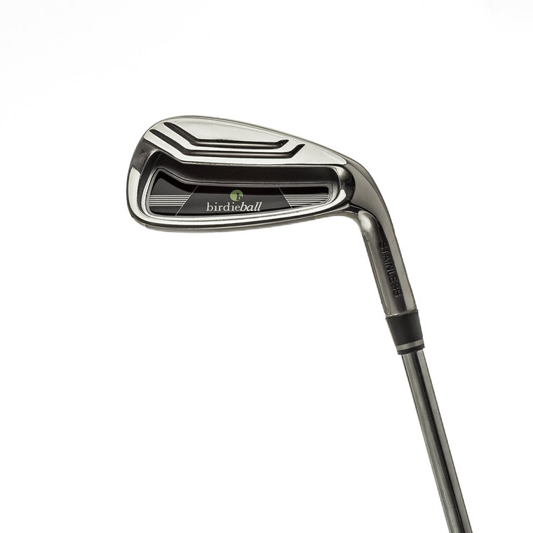 A BirdieBall 7 Iron Golf Club (Adult), featuring a silver cavity back and black and white design with the "birdieball" logo, is displayed against a plain white background.