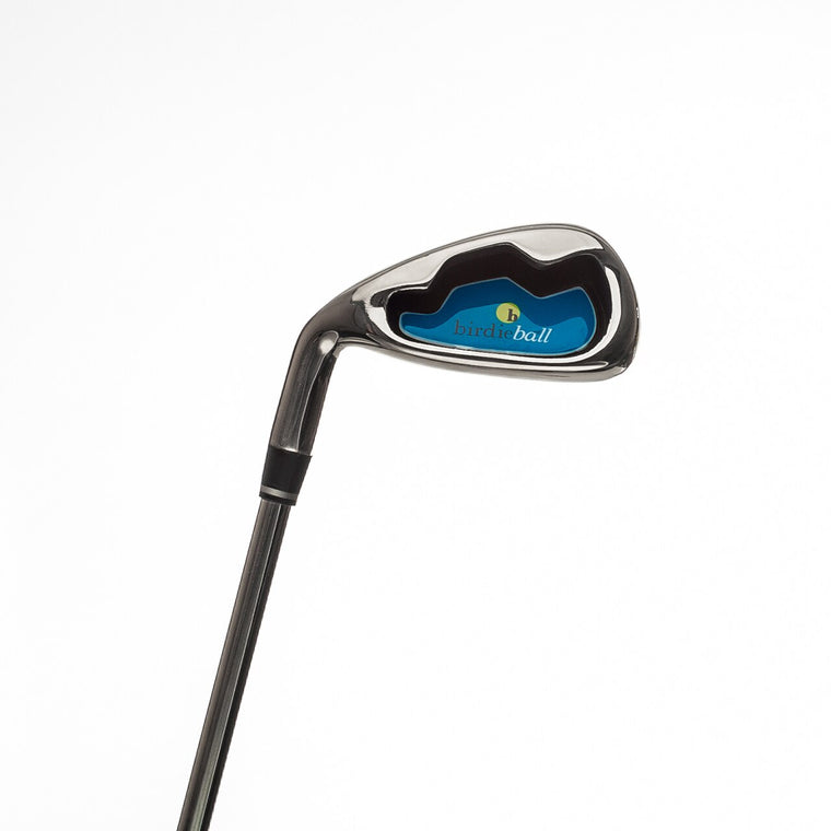 A close-up of the BirdieBall Junior Golf Club by U.S. Kids Golf, featuring a blue and black logo on the iron head, set against a white background.