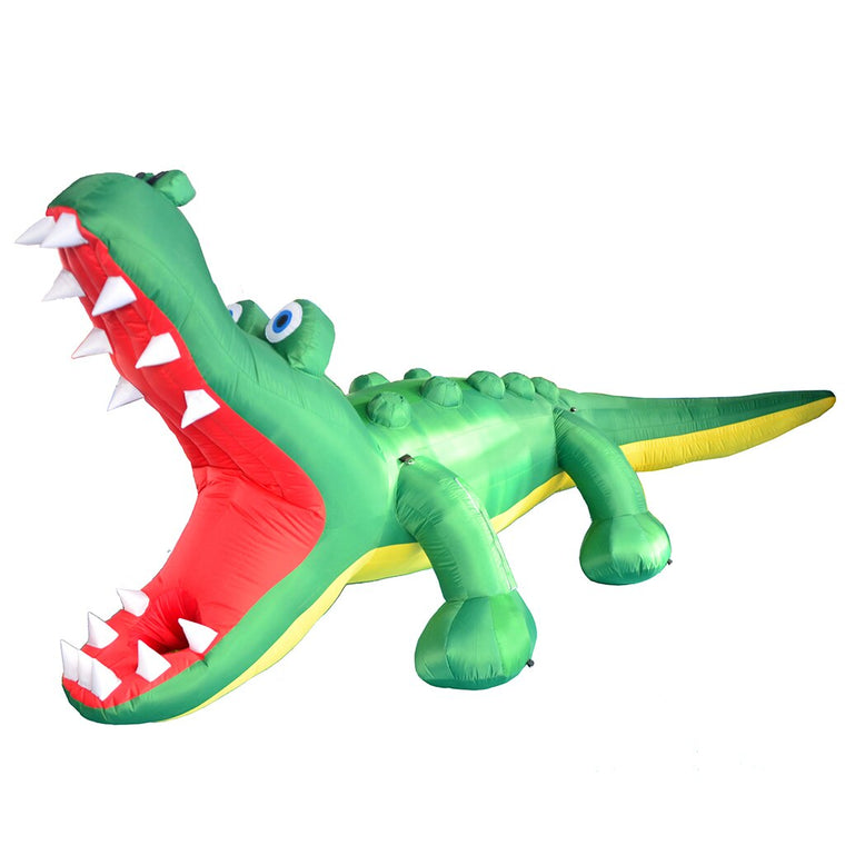 BirdieBall Golfigator | Inflatable Golf Target: Green crocodile with a red open mouth, white teeth, blue eyes, and textured back—ideal for golf training. Shown on a white background.