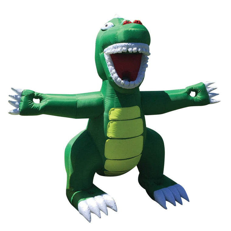 The MiniRex | Inflatable Golf Target by BirdieBall is a green dinosaur costume with open mouth, white teeth, and outstretched arms—perfect for fun or as a playful portable golf target.