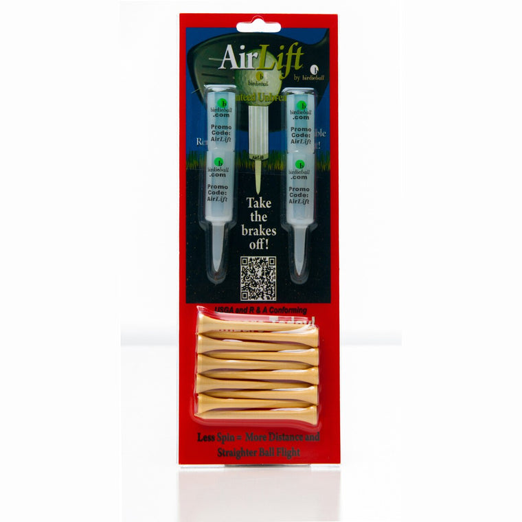 Packaging of BirdieBall AirLift Tees (Unbreakable & Uniform Height) kit includes two applicator tubes and multiple USGA-conforming tees. Product features and claims are clearly displayed on the front.