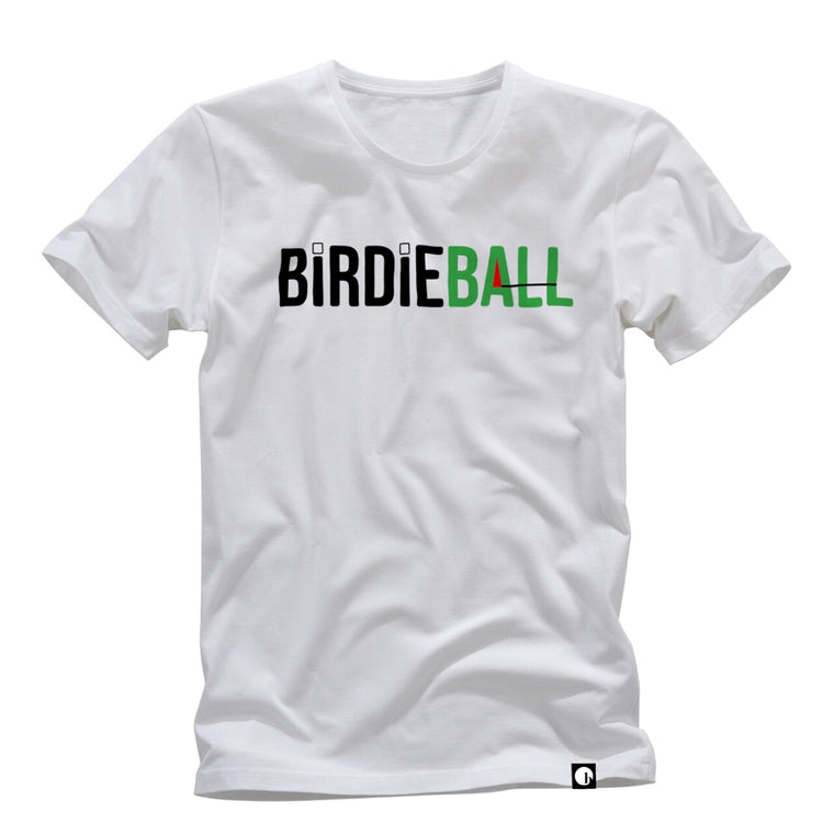 The BirdieBall T-Shirt (Unisex White PG) by BirdieBall displays "BIRDIE" in black and "BALL" in green on the front, made from a soft cotton blend for lasting comfort.