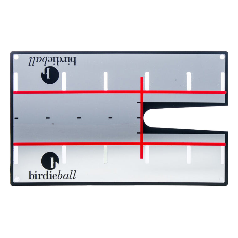 The BirdieBall Putting Mirror features red alignment lines, a cut-out slot, and a reflective surface with the BirdieBall logo—an ideal training aid to enhance your putting practice.