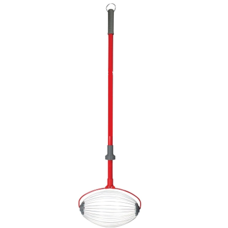 The BirdieBall Golf Ball Picker Upper - Shag Wheel is a red and silver tool with a long handle, rubber grip, and wire cage—super fast and easy for picking up golf balls or BirdieBalls during backyard practice.