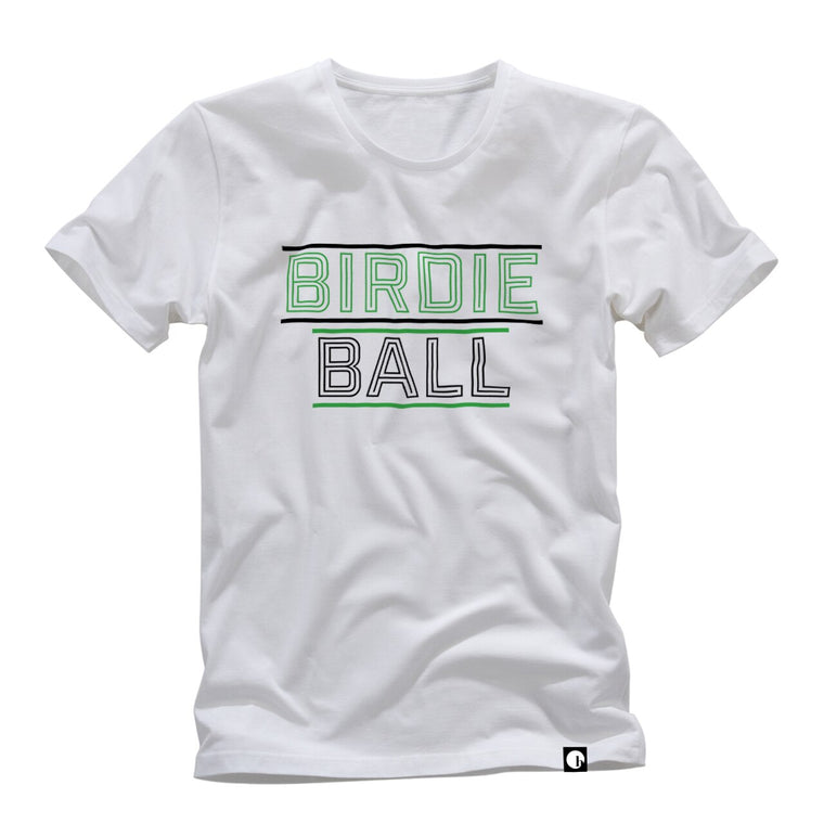 The unisex BirdieBall T-Shirt (White) by BirdieBall is made from a soft cotton blend and features "BIRDIE BALL" printed on the front in bold green and black outlined text.