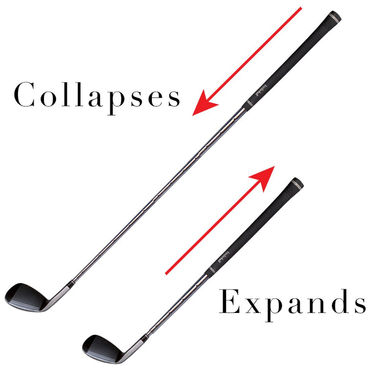 Two BirdieBall Telescoping/Collapsing Travel Clubs (7 Iron or Pitching Wedge) shown: one collapsed, one expanded, with red arrows highlighting the transformation—ideal for golfers seeking a compact travel club.
