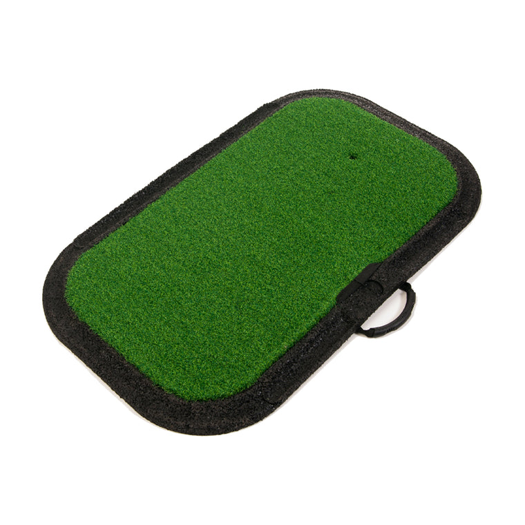 The BirdieBall Birdie Turf is a rectangular portable golf practice mat with a green artificial grass surface, black border, and an easy-carry side handle.